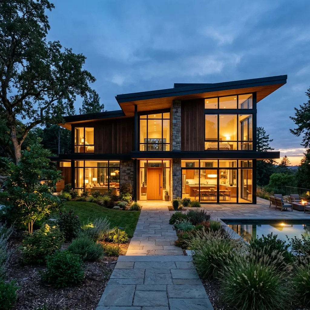 Beautiful modern home exterior at dusk